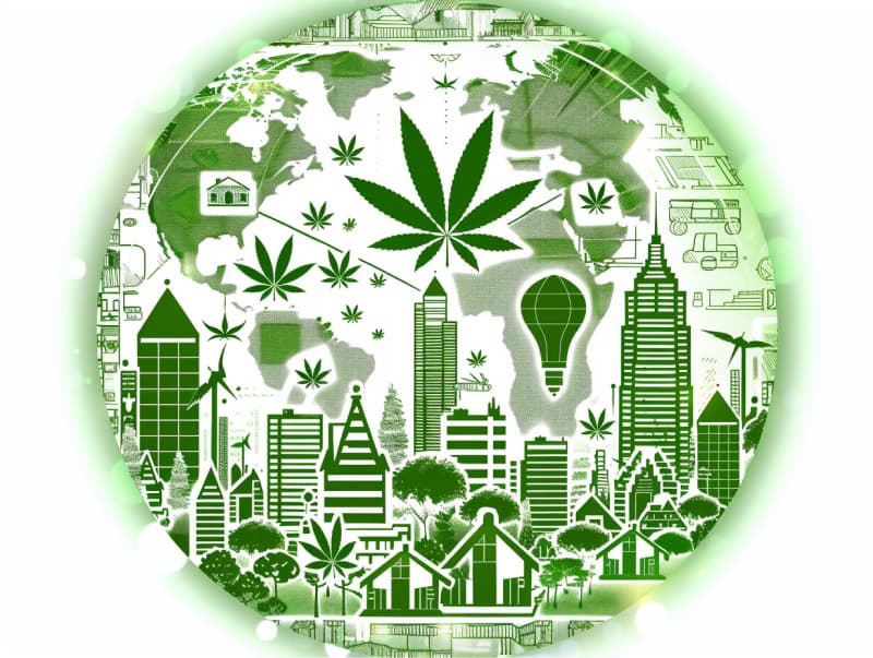 Eine minimalistische, pictografische Darstellung einer Stadt mit Häusern, Menschen und Cannabispflanzen. Es steht für eine Stadt, die dem Cannabisanbau und den Cannabis Social Clubs offen gegenübersteht.