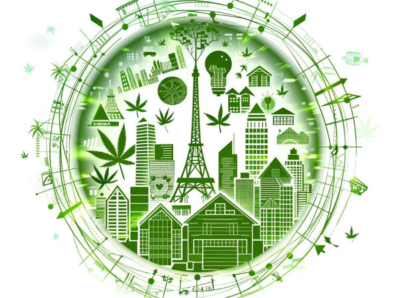 Eine minimalistische, pictografische Darstellung einer Stadt mit Häusern, Menschen und Cannabispflanzen. Es steht für eine Stadt, die dem Cannabisanbau und den Cannabis Social Clubs offen gegenübersteht.