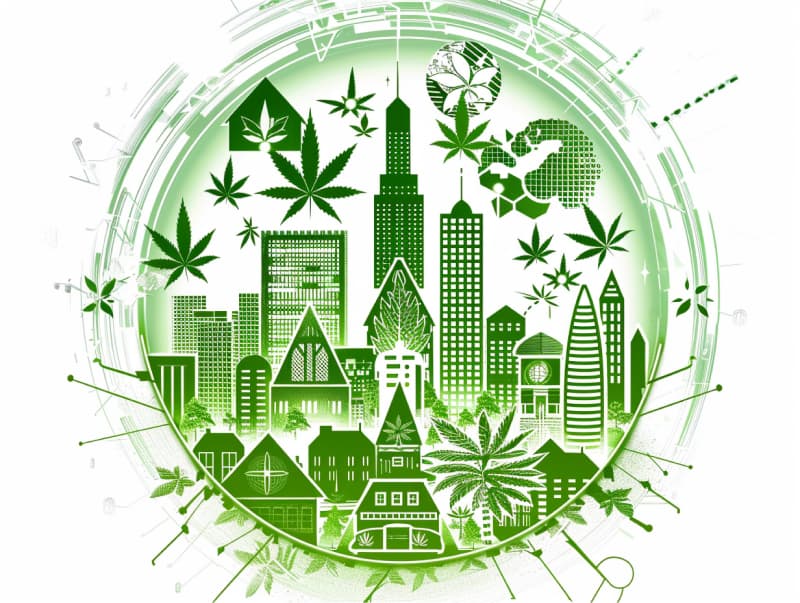 Eine minimalistische, pictografische Darstellung einer Stadt mit Häusern, Menschen und Cannabispflanzen. Es steht für eine Stadt, die dem Cannabisanbau und den Cannabis Social Clubs offen gegenübersteht.