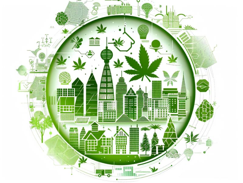Eine minimalistische, pictografische Darstellung einer Stadt mit Häusern, Menschen und Cannabispflanzen. Es steht für eine Stadt, die dem Cannabisanbau und den Cannabis Social Clubs offen gegenübersteht.