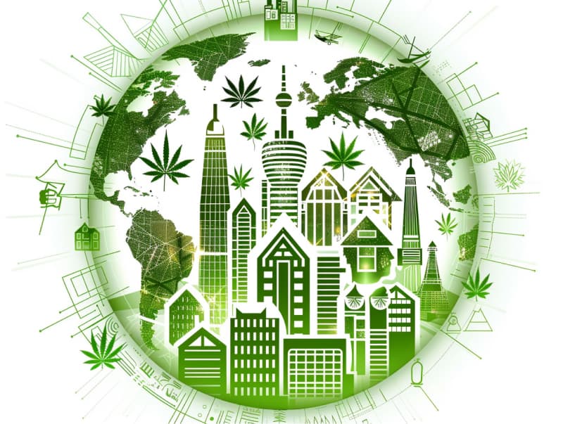 Eine minimalistische, pictografische Darstellung einer Stadt mit Häusern, Menschen und Cannabispflanzen. Es steht für eine Stadt, die dem Cannabisanbau und den Cannabis Social Clubs offen gegenübersteht.