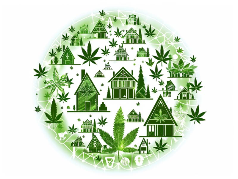 Eine minimalistische, pictografische Darstellung einer Stadt mit Häusern, Menschen und Cannabispflanzen. Es steht für eine Stadt, die dem Cannabisanbau und den Cannabis Social Clubs offen gegenübersteht.
