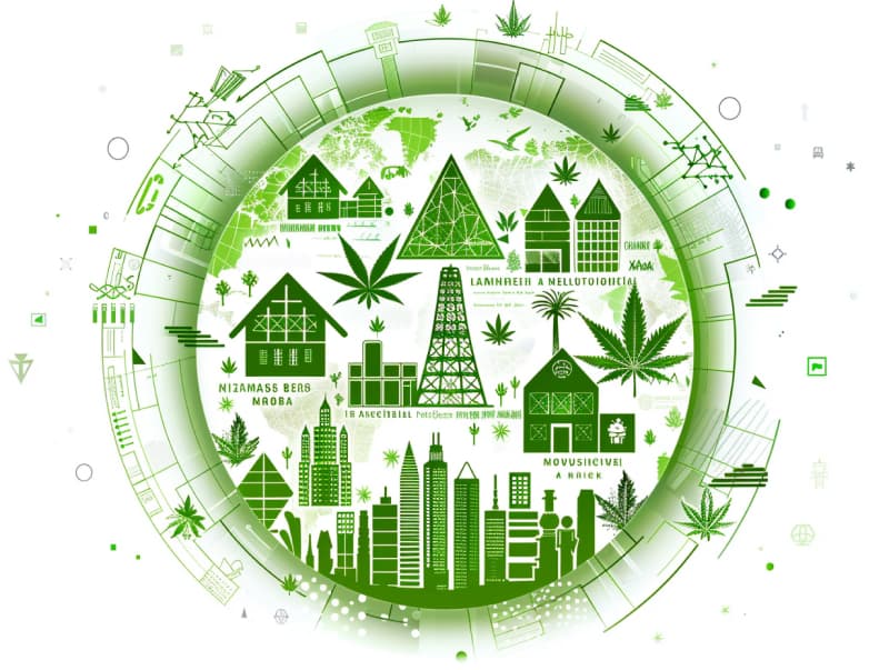 Eine minimalistische, pictografische Darstellung einer Stadt mit Häusern, Menschen und Cannabispflanzen. Es steht für eine Stadt, die dem Cannabisanbau und den Cannabis Social Clubs offen gegenübersteht.