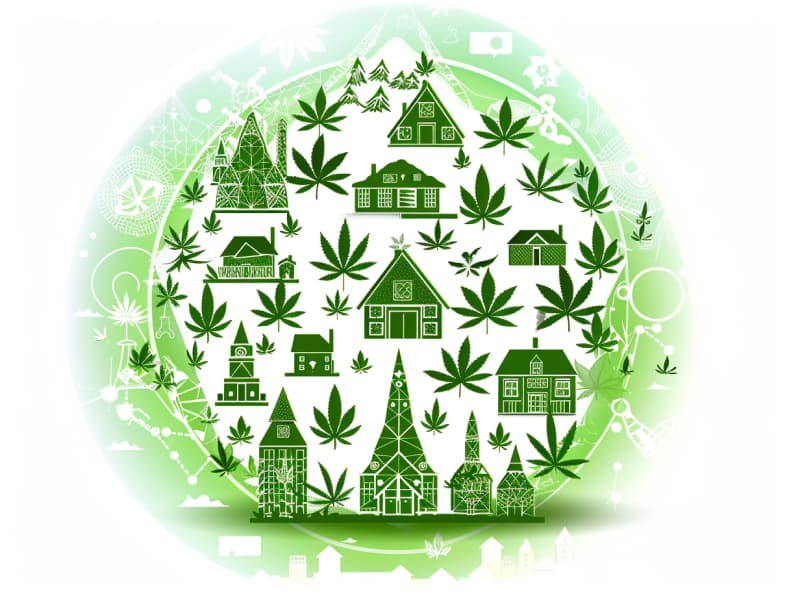 Eine minimalistische, pictografische Darstellung einer Stadt mit Häusern, Menschen und Cannabispflanzen. Es steht für eine Stadt, die dem Cannabisanbau und den Cannabis Social Clubs offen gegenübersteht.