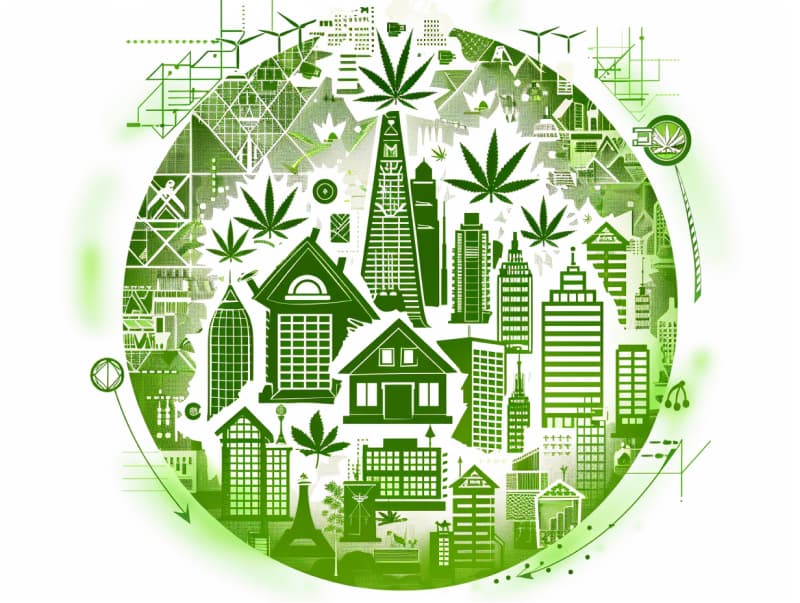 Eine minimalistische, pictografische Darstellung einer Stadt mit Häusern, Menschen und Cannabispflanzen. Es steht für eine Stadt, die dem Cannabisanbau und den Cannabis Social Clubs offen gegenübersteht.