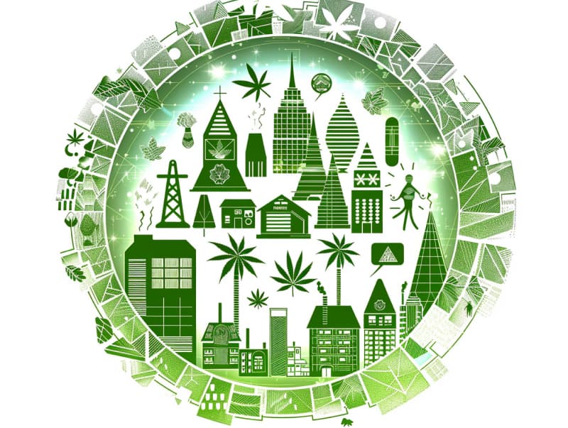 Eine minimalistische, pictografische Darstellung einer Stadt mit Häusern, Menschen und Cannabispflanzen. Es steht für eine Stadt, die dem Cannabisanbau und den Cannabis Social Clubs offen gegenübersteht.