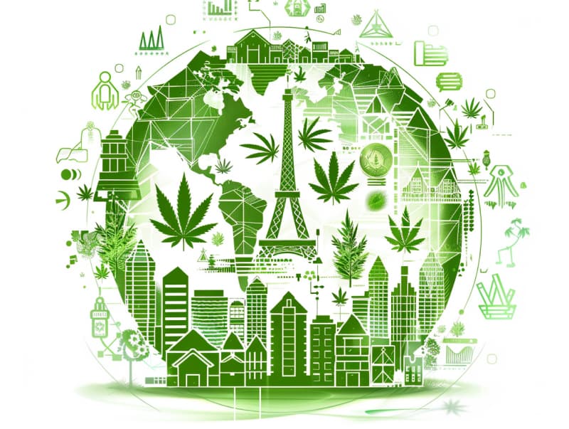 Eine minimalistische, pictografische Darstellung einer Stadt mit Häusern, Menschen und Cannabispflanzen. Es steht für eine Stadt, die dem Cannabisanbau und den Cannabis Social Clubs offen gegenübersteht.