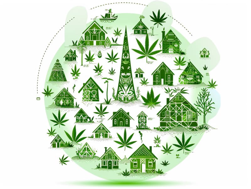 Eine minimalistische, pictografische Darstellung einer Stadt mit Häusern, Menschen und Cannabispflanzen. Es steht für eine Stadt, die dem Cannabisanbau und den Cannabis Social Clubs offen gegenübersteht.