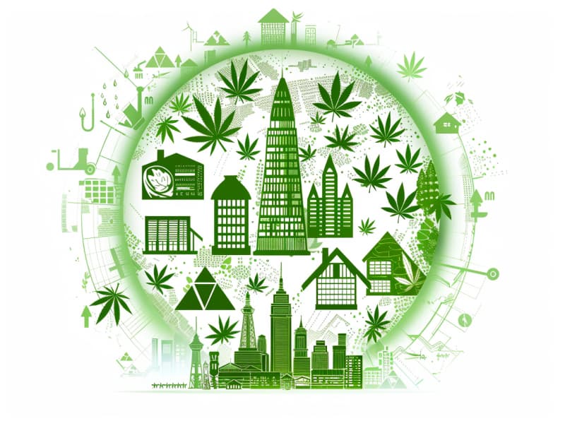 Eine minimalistische, pictografische Darstellung einer Stadt mit Häusern, Menschen und Cannabispflanzen. Es steht für eine Stadt, die dem Cannabisanbau und den Cannabis Social Clubs offen gegenübersteht.