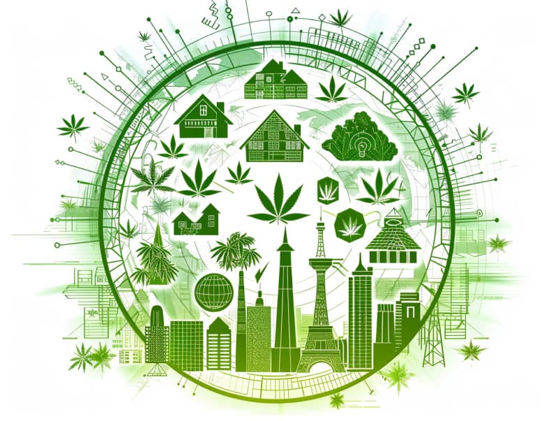 Eine minimalistische, pictografische Darstellung einer Stadt mit Häusern, Menschen und Cannabispflanzen. Es steht für eine Stadt, die dem Cannabisanbau und den Cannabis Social Clubs offen gegenübersteht.