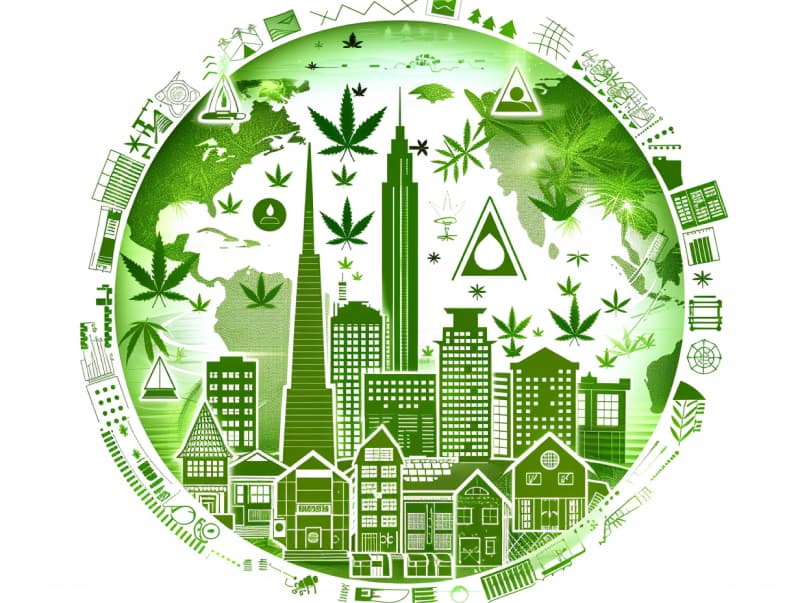 Eine minimalistische, pictografische Darstellung einer Stadt mit Häusern, Menschen und Cannabispflanzen. Es steht für eine Stadt, die dem Cannabisanbau und den Cannabis Social Clubs offen gegenübersteht.