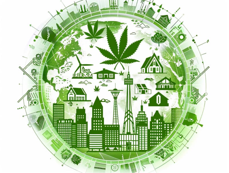 Eine minimalistische, pictografische Darstellung einer Stadt mit Häusern, Menschen und Cannabispflanzen. Es steht für eine Stadt, die dem Cannabisanbau und den Cannabis Social Clubs offen gegenübersteht.