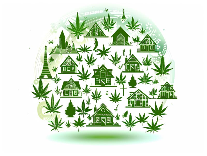 Eine minimalistische, pictografische Darstellung einer Stadt mit Häusern, Menschen und Cannabispflanzen. Es steht für eine Stadt, die dem Cannabisanbau und den Cannabis Social Clubs offen gegenübersteht.