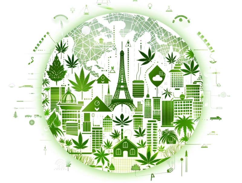 Eine minimalistische, pictografische Darstellung einer Stadt mit Häusern, Menschen und Cannabispflanzen. Es steht für eine Stadt, die dem Cannabisanbau und den Cannabis Social Clubs offen gegenübersteht.