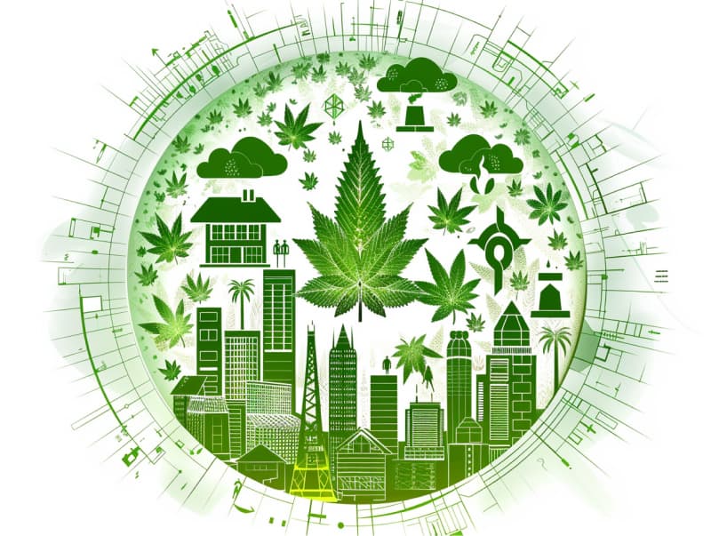 Eine minimalistische, pictografische Darstellung einer Stadt mit Häusern, Menschen und Cannabispflanzen. Es steht für eine Stadt, die dem Cannabisanbau und den Cannabis Social Clubs offen gegenübersteht.