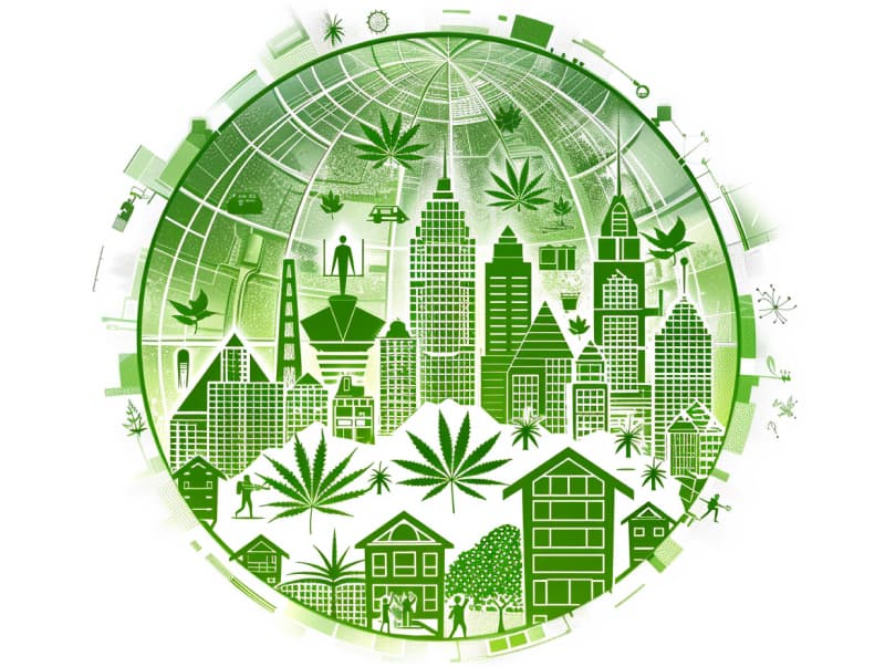 Eine minimalistische, pictografische Darstellung einer Stadt mit Häusern, Menschen und Cannabispflanzen. Es steht für eine Stadt, die dem Cannabisanbau und den Cannabis Social Clubs offen gegenübersteht.