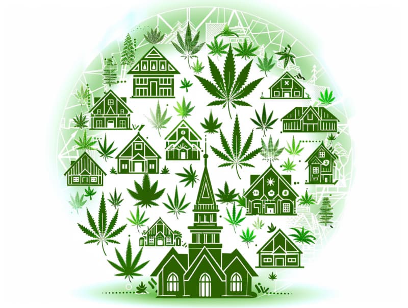 Eine minimalistische, pictografische Darstellung einer Stadt mit Häusern, Menschen und Cannabispflanzen. Es steht für eine Stadt, die dem Cannabisanbau und den Cannabis Social Clubs offen gegenübersteht.