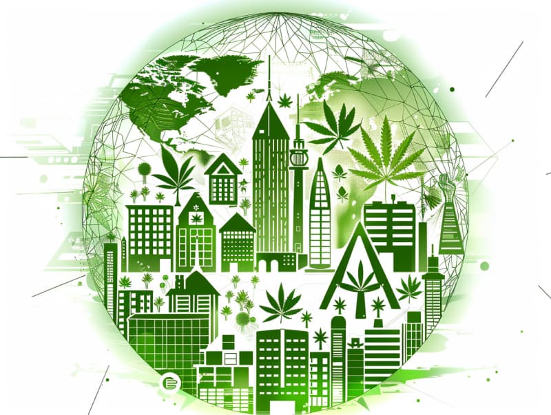 Eine minimalistische, pictografische Darstellung einer Stadt mit Häusern, Menschen und Cannabispflanzen. Es steht für eine Stadt, die dem Cannabisanbau und den Cannabis Social Clubs offen gegenübersteht.