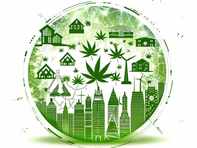 Eine minimalistische, pictografische Darstellung einer Stadt mit Häusern, Menschen und Cannabispflanzen. Es steht für eine Stadt, die dem Cannabisanbau und den Cannabis Social Clubs offen gegenübersteht.