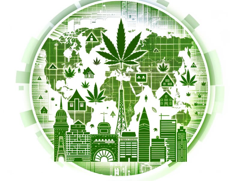 Eine minimalistische, pictografische Darstellung einer Stadt mit Häusern, Menschen und Cannabispflanzen. Es steht für eine Stadt, die dem Cannabisanbau und den Cannabis Social Clubs offen gegenübersteht.