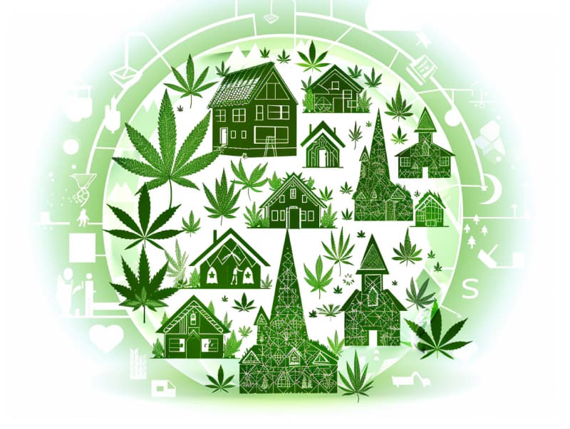 Eine minimalistische, pictografische Darstellung einer Stadt mit Häusern, Menschen und Cannabispflanzen. Es steht für eine Stadt, die dem Cannabisanbau und den Cannabis Social Clubs offen gegenübersteht.