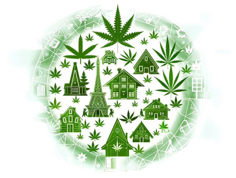 Eine minimalistische, pictografische Darstellung einer Stadt mit Häusern, Menschen und Cannabispflanzen. Es steht für eine Stadt, die dem Cannabisanbau und den Cannabis Social Clubs offen gegenübersteht.