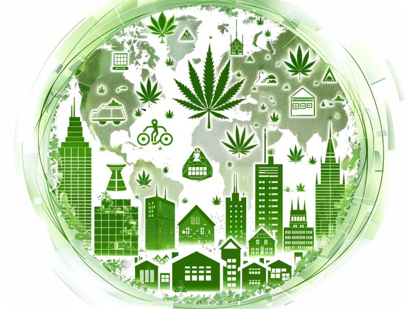 Eine minimalistische, pictografische Darstellung einer Stadt mit Häusern, Menschen und Cannabispflanzen. Es steht für eine Stadt, die dem Cannabisanbau und den Cannabis Social Clubs offen gegenübersteht.