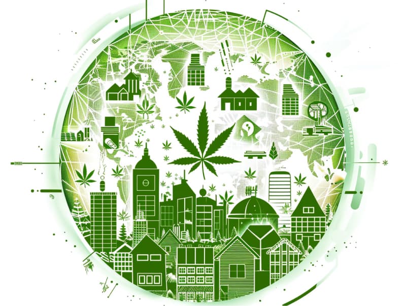 Eine minimalistische, pictografische Darstellung einer Stadt mit Häusern, Menschen und Cannabispflanzen. Es steht für eine Stadt, die dem Cannabisanbau und den Cannabis Social Clubs offen gegenübersteht.