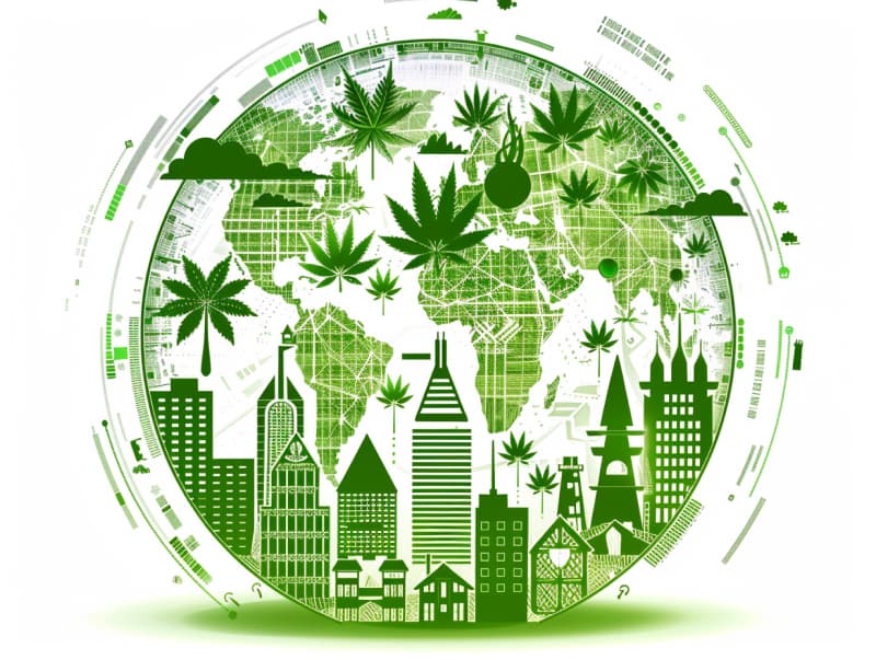 Eine minimalistische, pictografische Darstellung einer Stadt mit Häusern, Menschen und Cannabispflanzen. Es steht für eine Stadt, die dem Cannabisanbau und den Cannabis Social Clubs offen gegenübersteht.