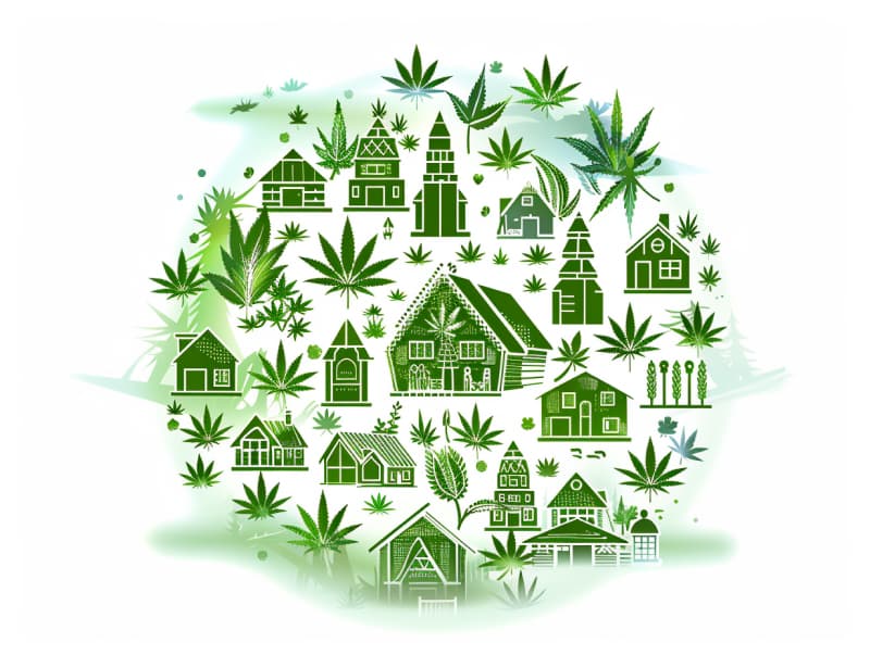 Eine minimalistische, pictografische Darstellung einer Stadt mit Häusern, Menschen und Cannabispflanzen. Es steht für eine Stadt, die dem Cannabisanbau und den Cannabis Social Clubs offen gegenübersteht.