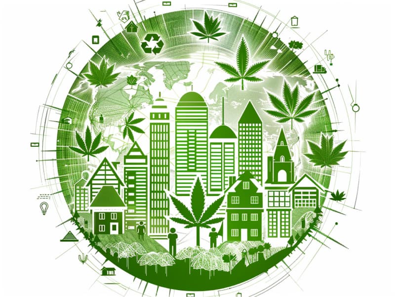 Eine minimalistische, pictografische Darstellung einer Stadt mit Häusern, Menschen und Cannabispflanzen. Es steht für eine Stadt, die dem Cannabisanbau und den Cannabis Social Clubs offen gegenübersteht.