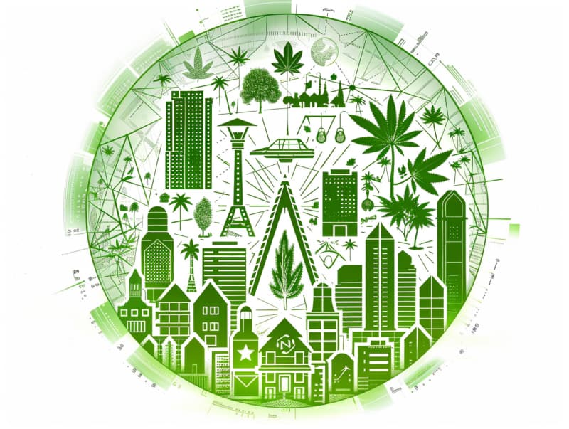 Eine minimalistische, pictografische Darstellung einer Stadt mit Häusern, Menschen und Cannabispflanzen. Es steht für eine Stadt, die dem Cannabisanbau und den Cannabis Social Clubs offen gegenübersteht.
