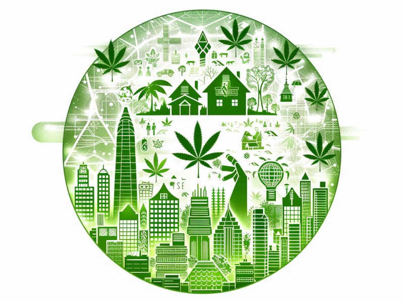 Eine minimalistische, pictografische Darstellung einer Stadt mit Häusern, Menschen und Cannabispflanzen. Es steht für eine Stadt, die dem Cannabisanbau und den Cannabis Social Clubs offen gegenübersteht.