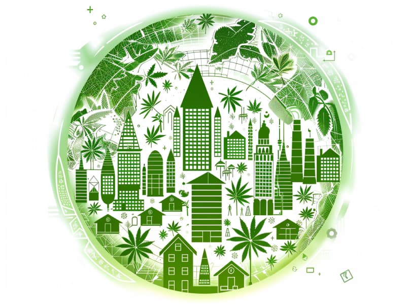 Eine minimalistische, pictografische Darstellung einer Stadt mit Häusern, Menschen und Cannabispflanzen. Es steht für eine Stadt, die dem Cannabisanbau und den Cannabis Social Clubs offen gegenübersteht.