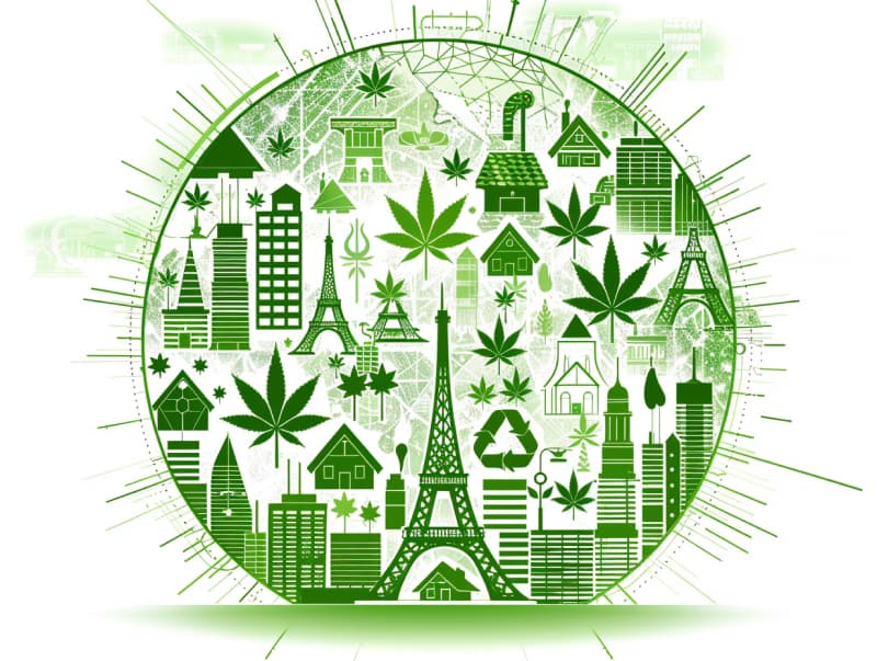 Eine minimalistische, pictografische Darstellung einer Stadt mit Häusern, Menschen und Cannabispflanzen. Es steht für eine Stadt, die dem Cannabisanbau und den Cannabis Social Clubs offen gegenübersteht.