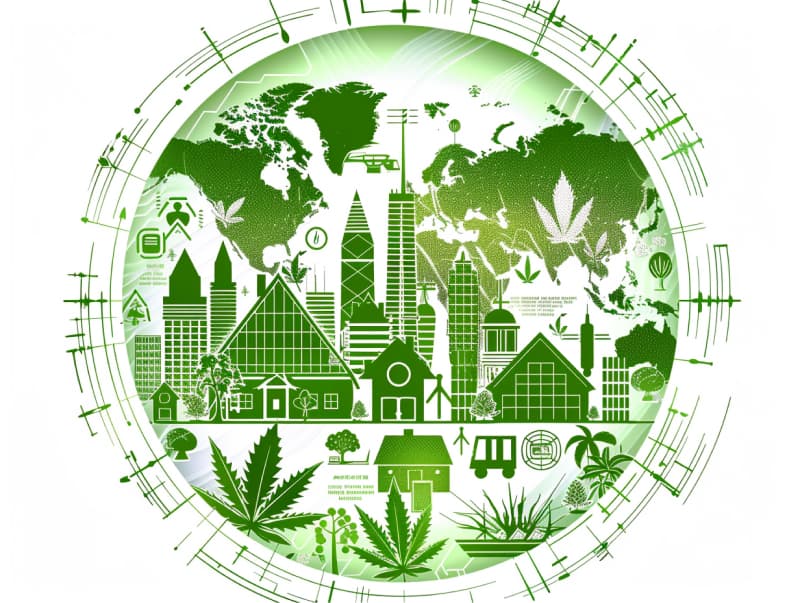 Eine minimalistische, pictografische Darstellung einer Stadt mit Häusern, Menschen und Cannabispflanzen. Es steht für eine Stadt, die dem Cannabisanbau und den Cannabis Social Clubs offen gegenübersteht.
