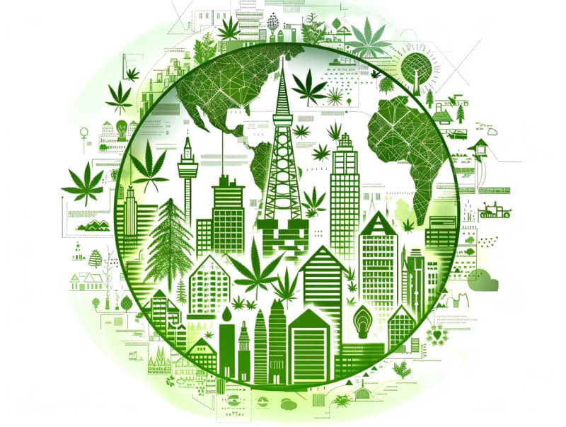 Eine minimalistische, pictografische Darstellung einer Stadt mit Häusern, Menschen und Cannabispflanzen. Es steht für eine Stadt, die dem Cannabisanbau und den Cannabis Social Clubs offen gegenübersteht.