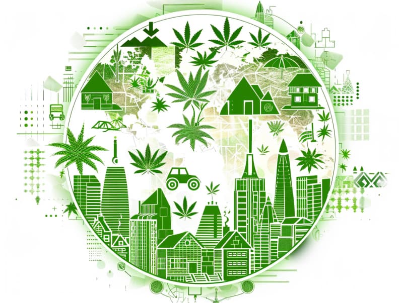 Eine minimalistische, pictografische Darstellung einer Stadt mit Häusern, Menschen und Cannabispflanzen. Es steht für eine Stadt, die dem Cannabisanbau und den Cannabis Social Clubs offen gegenübersteht.