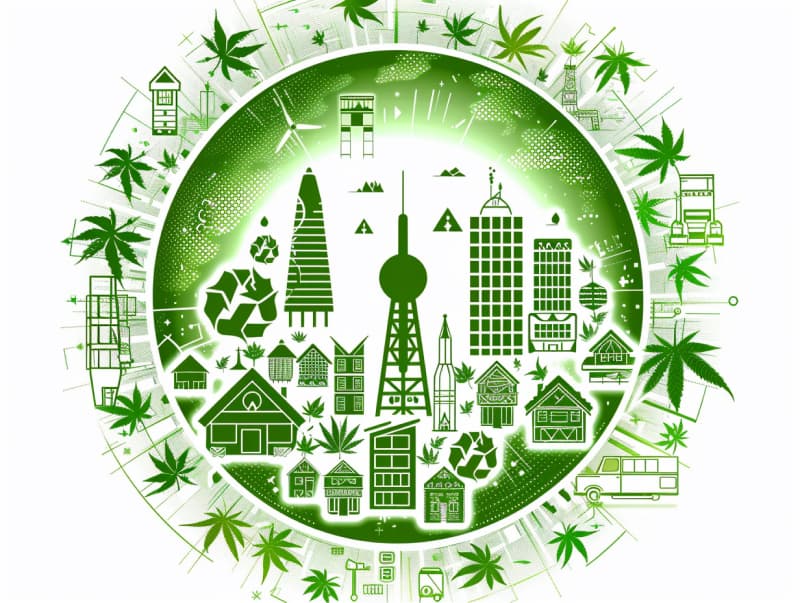 Eine minimalistische, pictografische Darstellung einer Stadt mit Häusern, Menschen und Cannabispflanzen. Es steht für eine Stadt, die dem Cannabisanbau und den Cannabis Social Clubs offen gegenübersteht.
