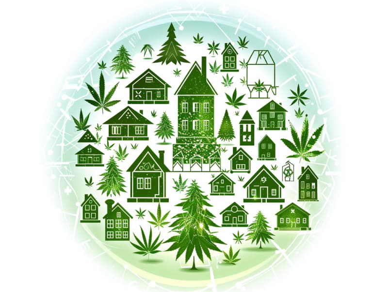 Eine minimalistische, pictografische Darstellung einer Stadt mit Häusern, Menschen und Cannabispflanzen. Es steht für eine Stadt, die dem Cannabisanbau und den Cannabis Social Clubs offen gegenübersteht.