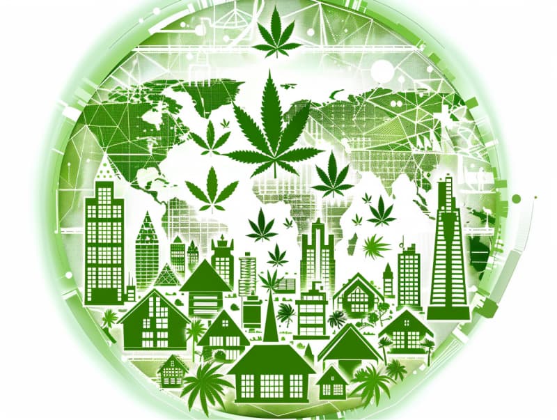 Eine minimalistische, pictografische Darstellung einer Stadt mit Häusern, Menschen und Cannabispflanzen. Es steht für eine Stadt, die dem Cannabisanbau und den Cannabis Social Clubs offen gegenübersteht.
