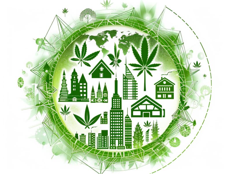 Eine minimalistische, pictografische Darstellung einer Stadt mit Häusern, Menschen und Cannabispflanzen. Es steht für eine Stadt, die dem Cannabisanbau und den Cannabis Social Clubs offen gegenübersteht.