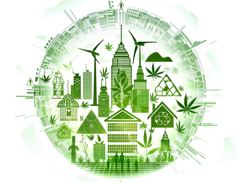 Eine minimalistische, pictografische Darstellung einer Stadt mit Häusern, Menschen und Cannabispflanzen. Es steht für eine Stadt, die dem Cannabisanbau und den Cannabis Social Clubs offen gegenübersteht.