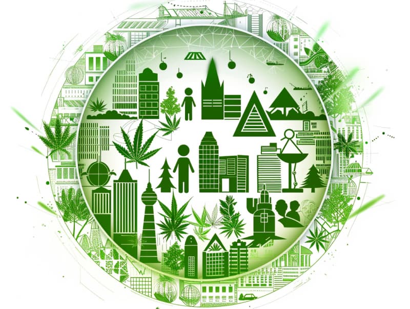 Eine minimalistische, pictografische Darstellung einer Stadt mit Häusern, Menschen und Cannabispflanzen. Es steht für eine Stadt, die dem Cannabisanbau und den Cannabis Social Clubs offen gegenübersteht.
