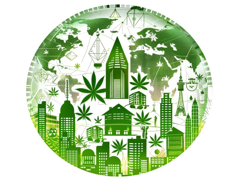 Eine minimalistische, pictografische Darstellung einer Stadt mit Häusern, Menschen und Cannabispflanzen. Es steht für eine Stadt, die dem Cannabisanbau und den Cannabis Social Clubs offen gegenübersteht.