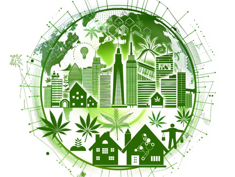 Eine minimalistische, pictografische Darstellung einer Stadt mit Häusern, Menschen und Cannabispflanzen. Es steht für eine Stadt, die dem Cannabisanbau und den Cannabis Social Clubs offen gegenübersteht.