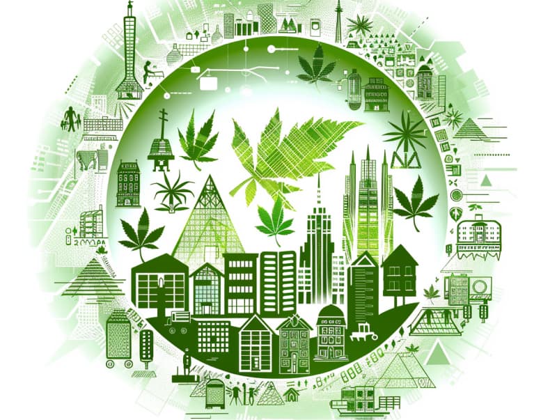 Eine minimalistische, pictografische Darstellung einer Stadt mit Häusern, Menschen und Cannabispflanzen. Es steht für eine Stadt, die dem Cannabisanbau und den Cannabis Social Clubs offen gegenübersteht.