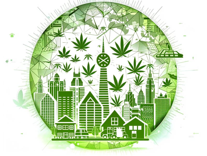 Eine minimalistische, pictografische Darstellung einer Stadt mit Häusern, Menschen und Cannabispflanzen. Es steht für eine Stadt, die dem Cannabisanbau und den Cannabis Social Clubs offen gegenübersteht.
