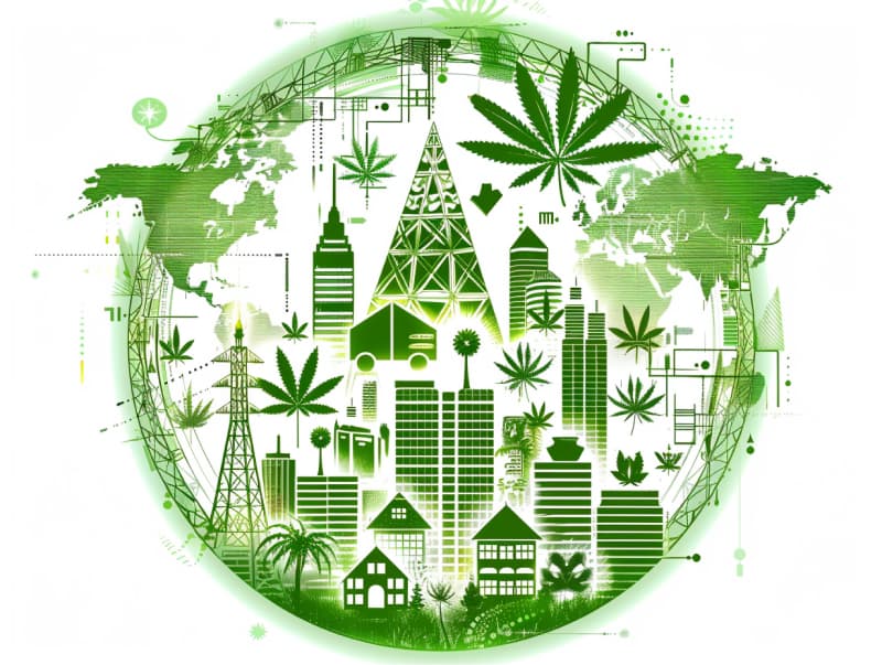 Eine minimalistische, pictografische Darstellung einer Stadt mit Häusern, Menschen und Cannabispflanzen. Es steht für eine Stadt, die dem Cannabisanbau und den Cannabis Social Clubs offen gegenübersteht.