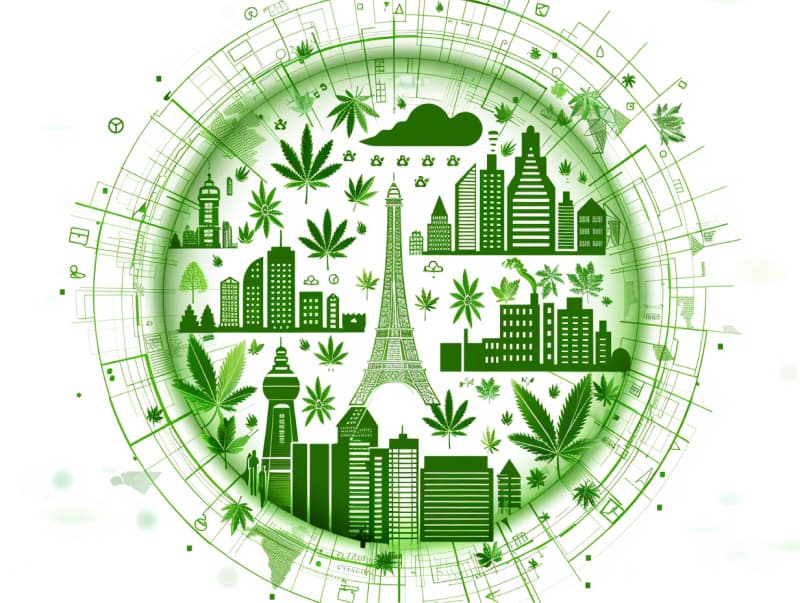 Eine minimalistische, pictografische Darstellung einer Stadt mit Häusern, Menschen und Cannabispflanzen. Es steht für eine Stadt, die dem Cannabisanbau und den Cannabis Social Clubs offen gegenübersteht.